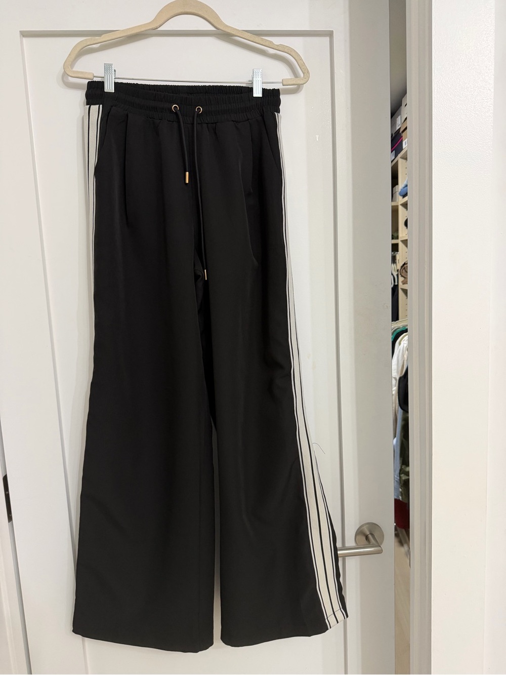 bishop + young Black Wide-Leg Joggers with White Side Stripes